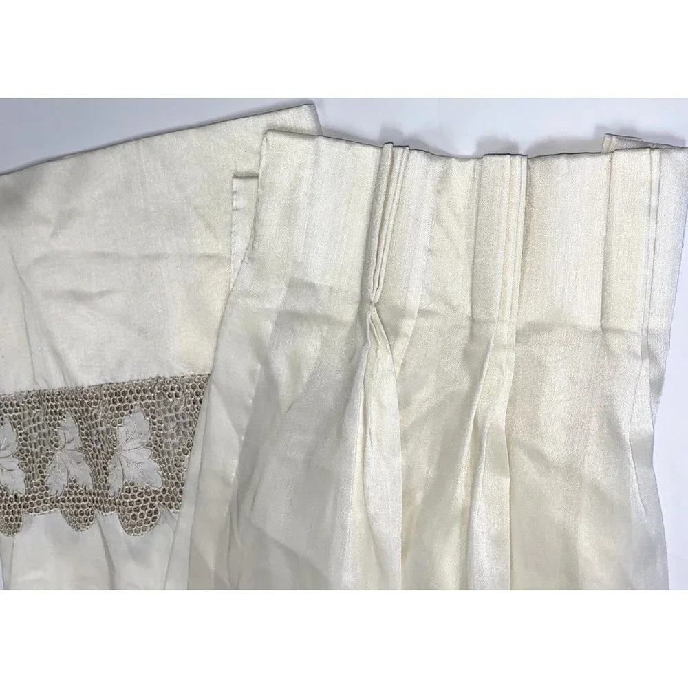 2 Vintage Pinch Pleat Ivory Drapes Panels Curtains 87 Long Off White Lace Border